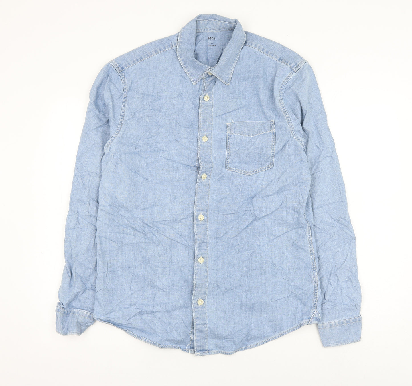 Marks and Spencer Mens Blue Cotton Button-Up Size M Collared Button