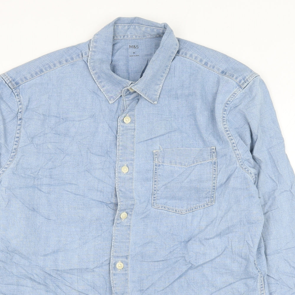 Marks and Spencer Mens Blue Cotton Button-Up Size M Collared Button