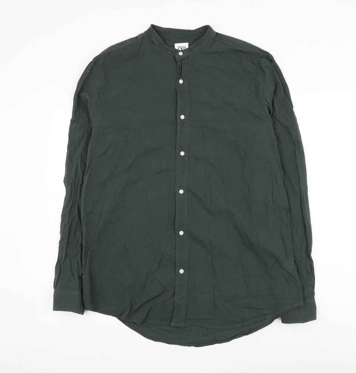 Zara Mens Green Cotton Button-Up Size L Round Neck Button