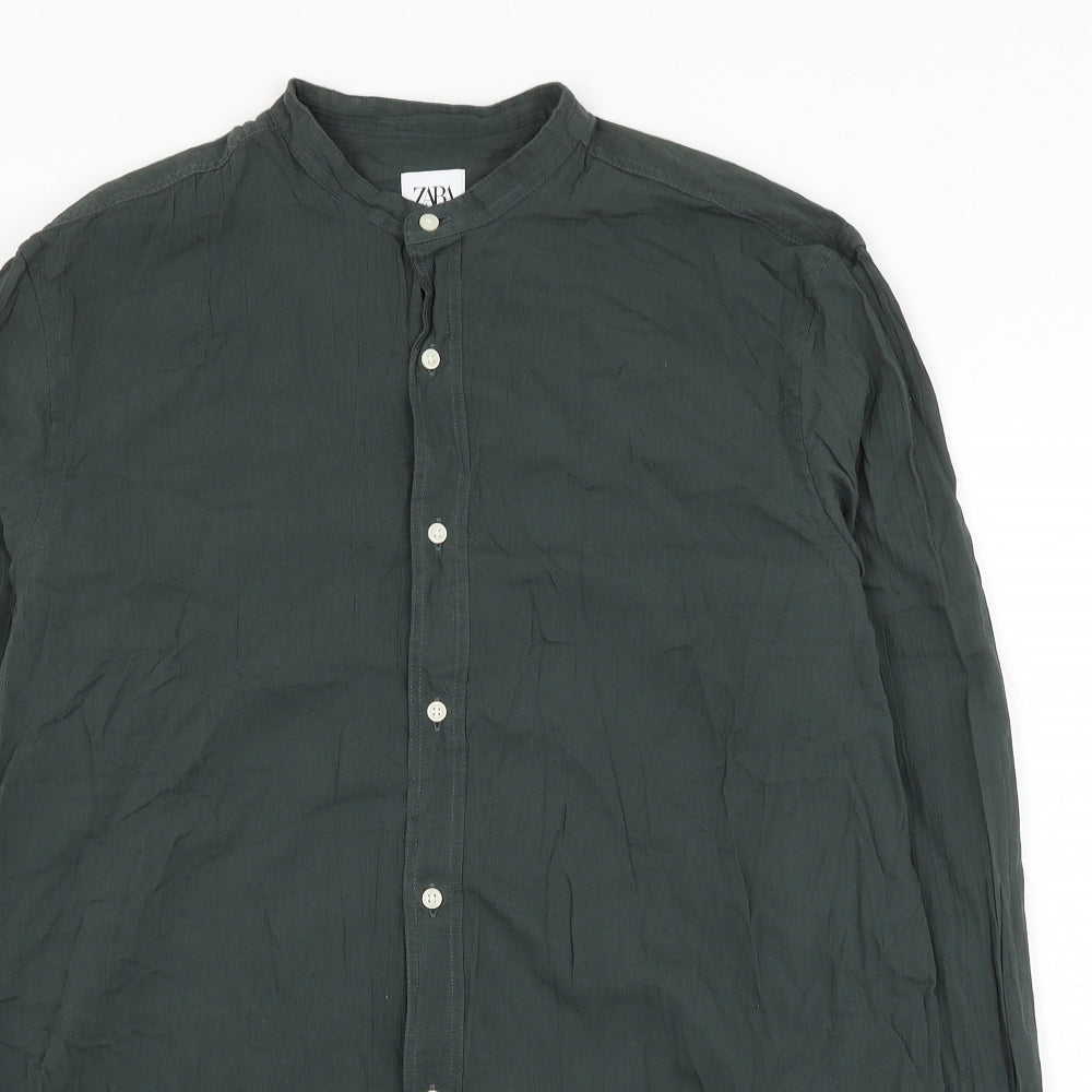 Zara Mens Green Cotton Button-Up Size L Round Neck Button