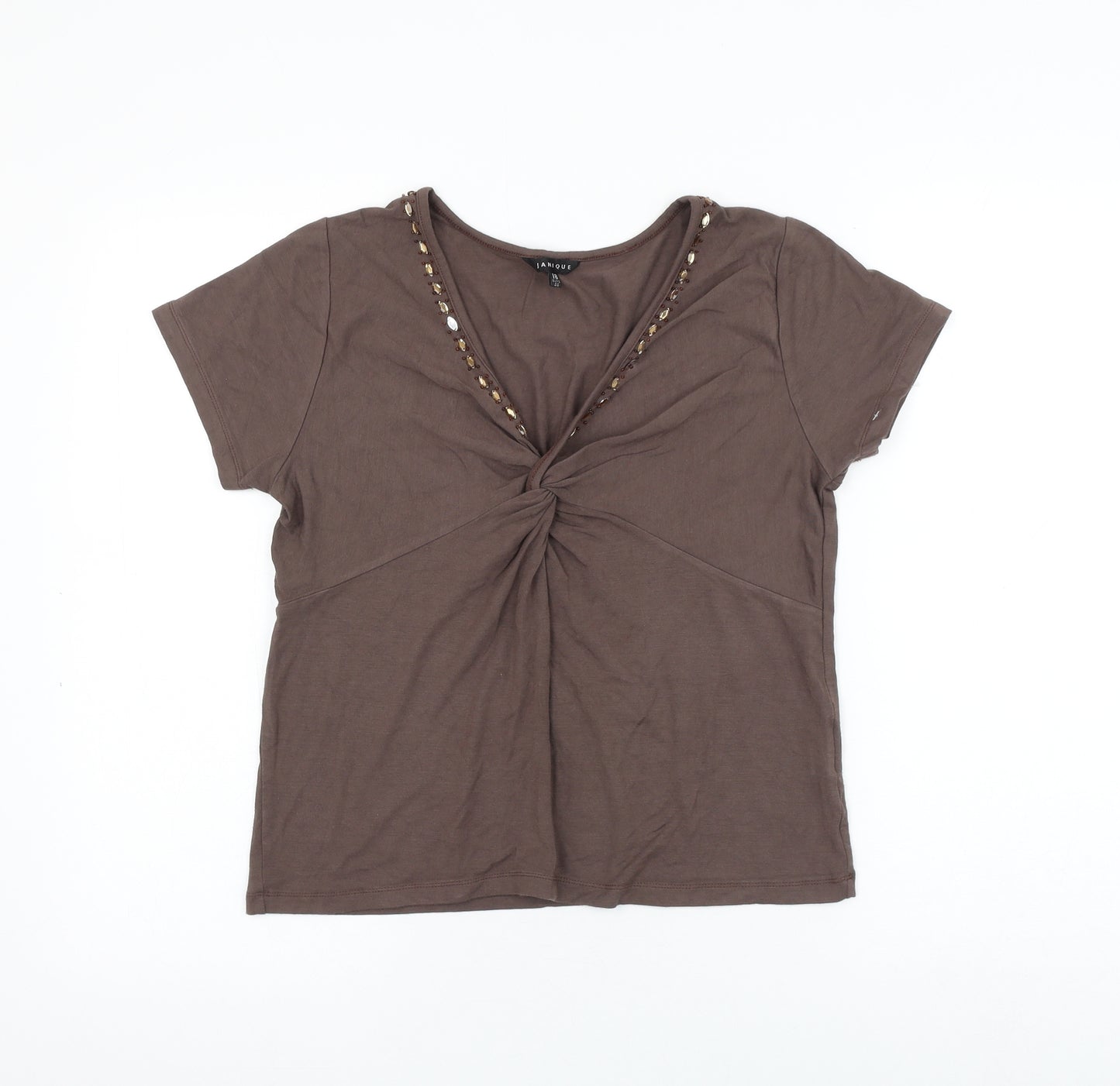 Janique Womens Brown Viscose Basic T-Shirt Size 18 V-Neck - Knot Front