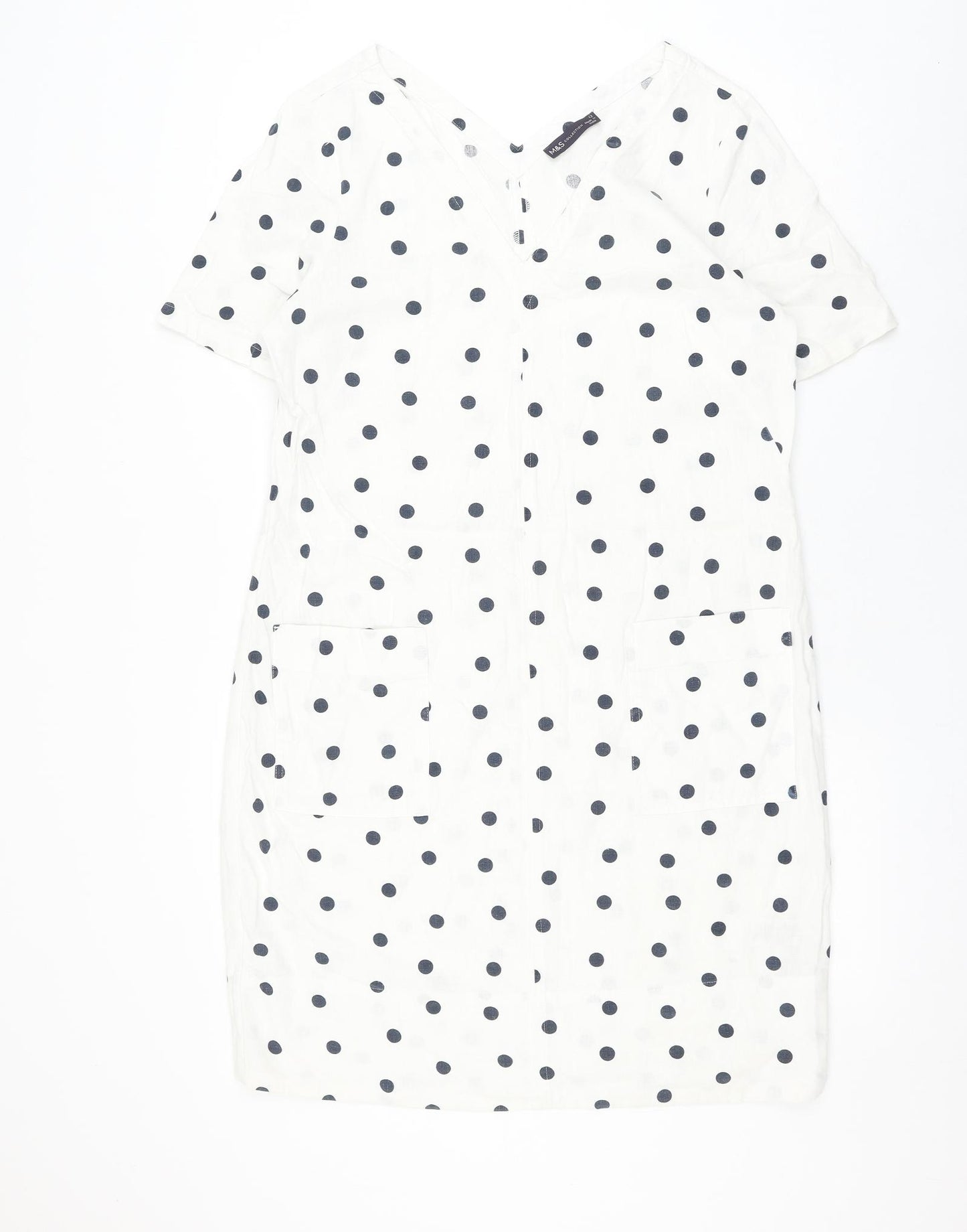 Marks and Spencer Womens White Polka Dot Flax Shift Size 12 V-Neck Pullover