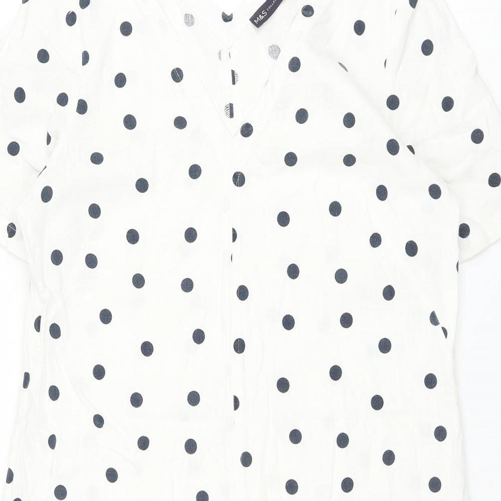 Marks and Spencer Womens White Polka Dot Flax Shift Size 12 V-Neck Pullover