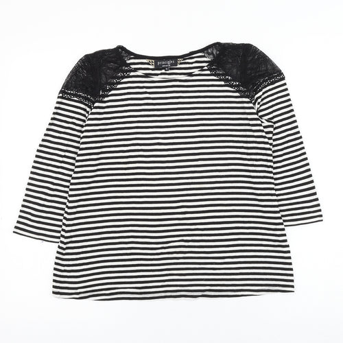 Principles Womens Black Striped Viscose Basic Blouse Size 12 Round Neck - Lace Shoulder