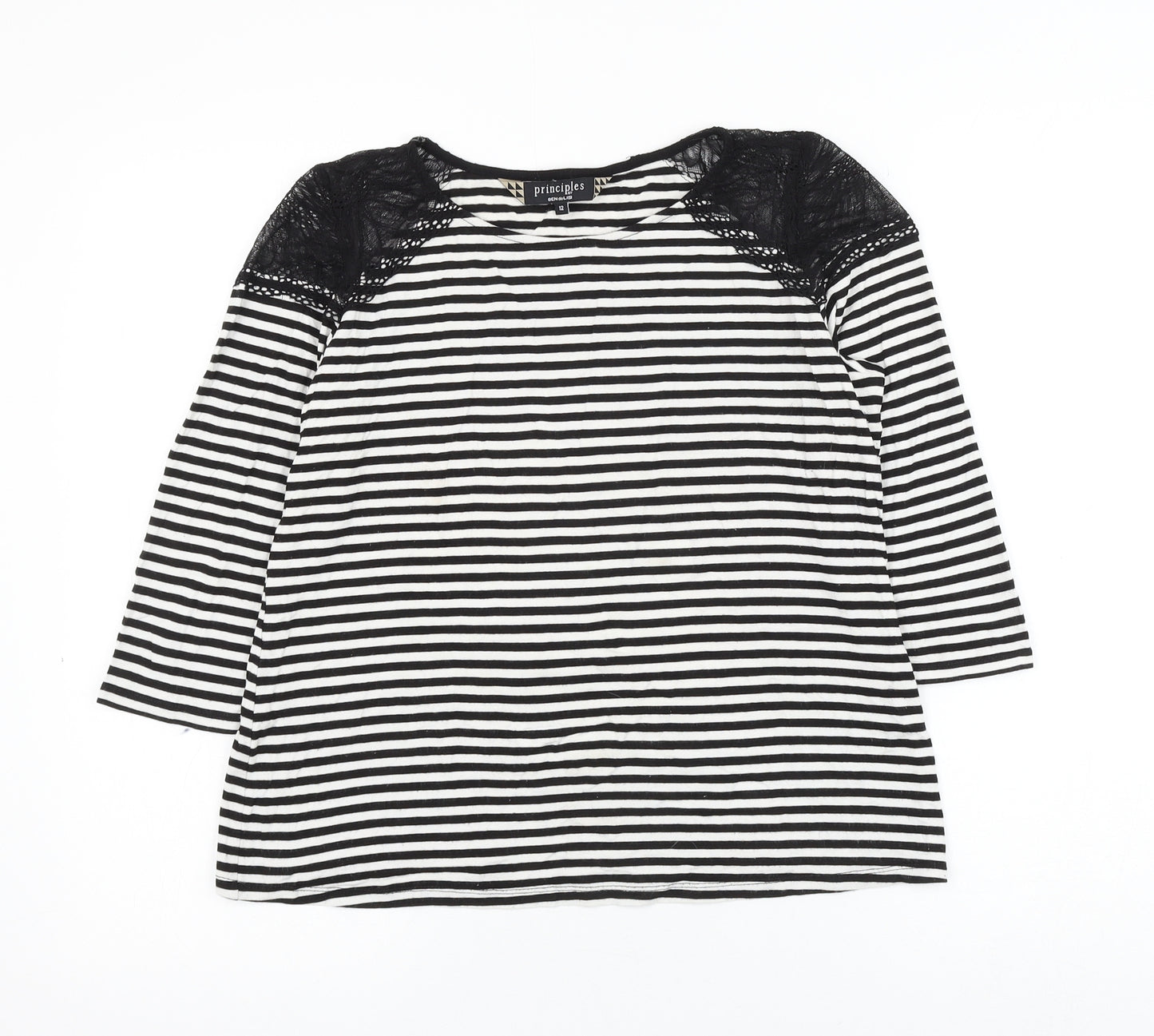Principles Womens Black Striped Viscose Basic Blouse Size 12 Round Neck - Lace Shoulder