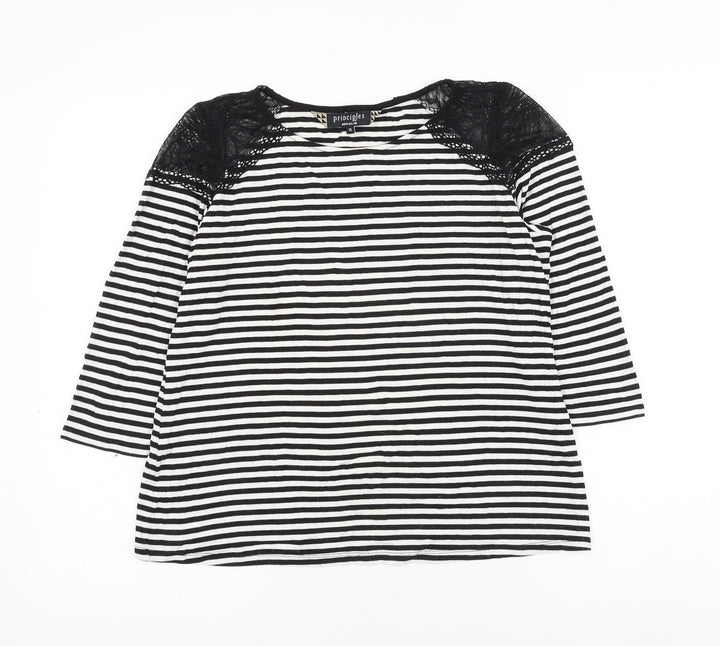 Principles Womens Black Striped Viscose Basic Blouse Size 12 Round Neck - Lace Shoulder