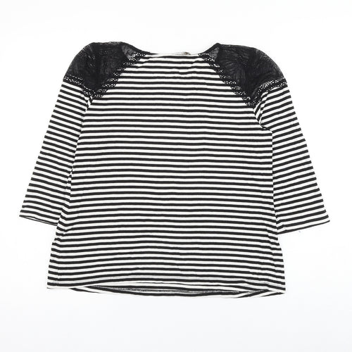 Principles Womens Black Striped Viscose Basic Blouse Size 12 Round Neck - Lace Shoulder
