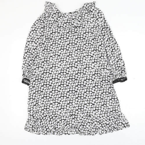 Zara Womens Black Floral Viscose Shift Size M Round Neck Button