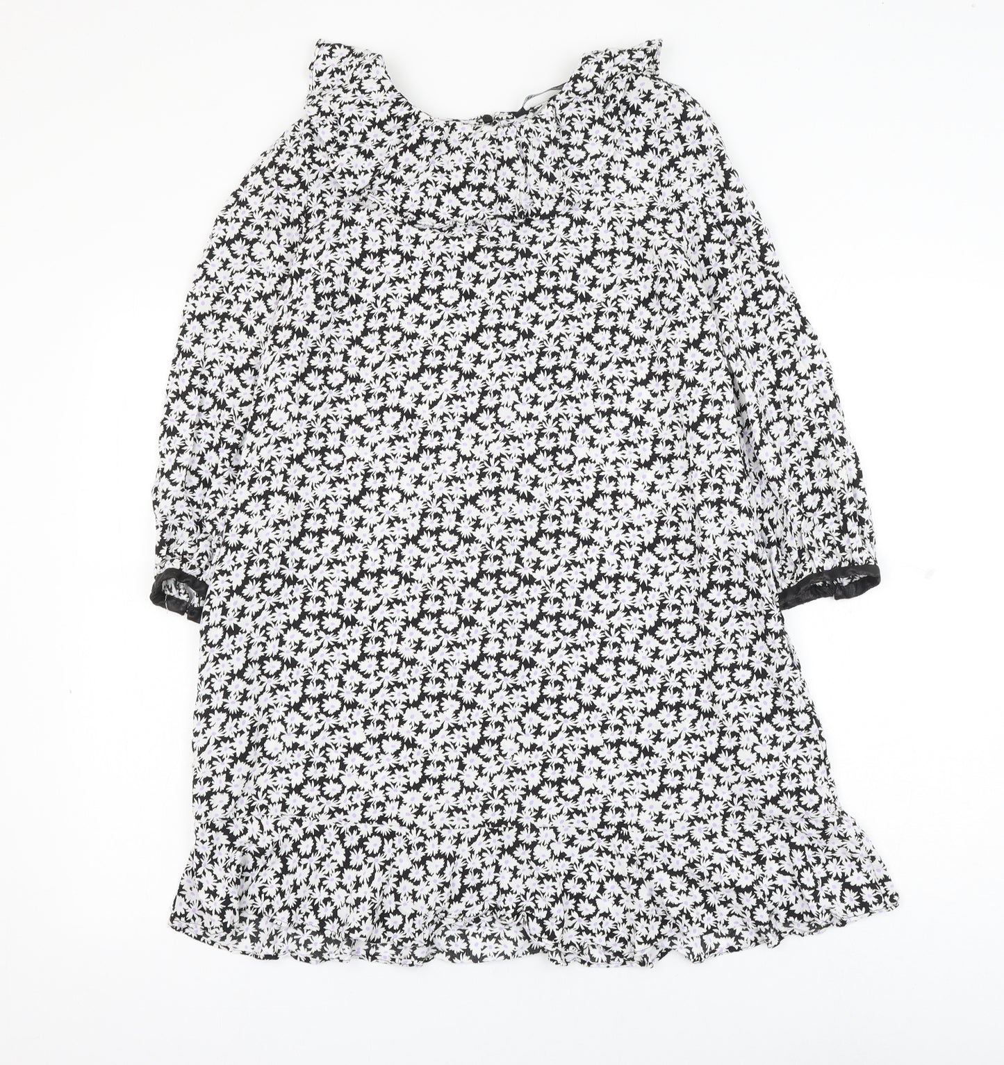 Zara Womens Black Floral Viscose Shift Size M Round Neck Button