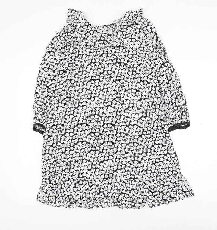 Zara Womens Black Floral Viscose Shift Size M Round Neck Button