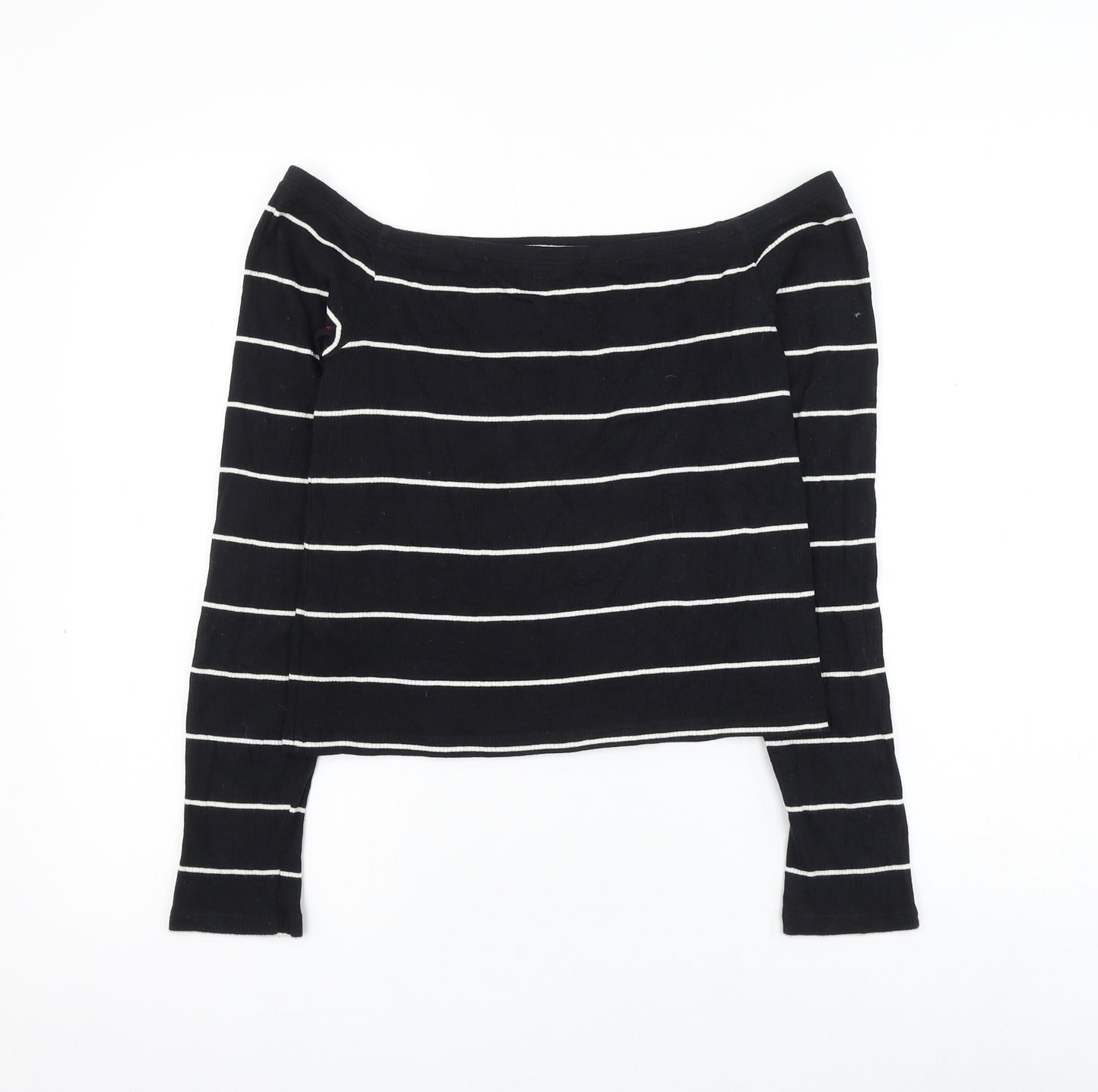 H&M Womens Black Striped Cotton Basic T-Shirt Size M Off the Shoulder