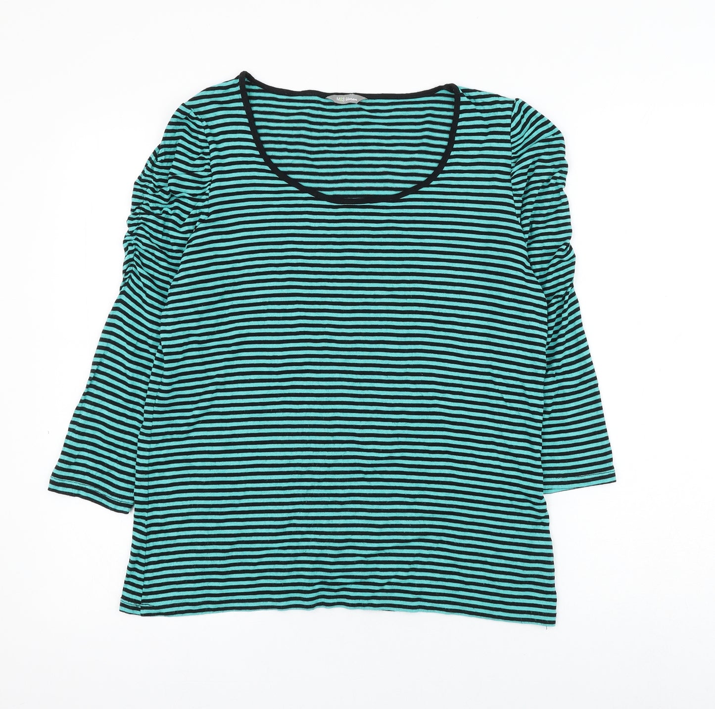 Marks and Spencer Womens Green Striped Viscose Basic T-Shirt Size 14 Scoop Neck