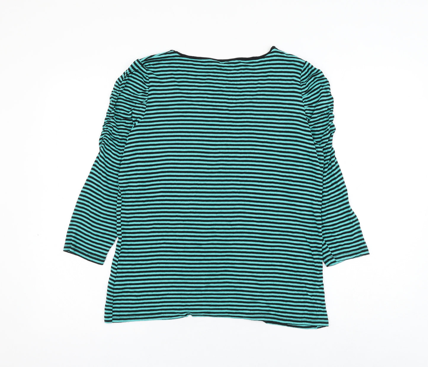 Marks and Spencer Womens Green Striped Viscose Basic T-Shirt Size 14 Scoop Neck