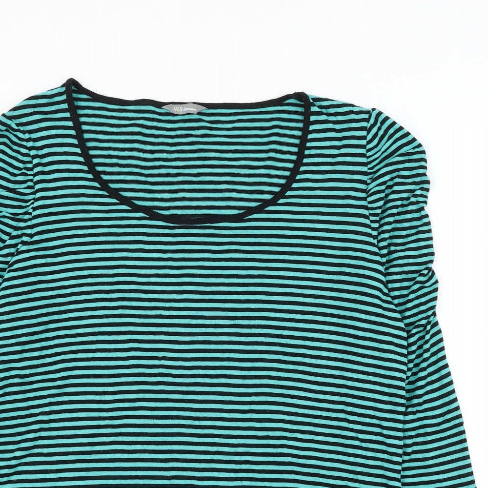 Marks and Spencer Womens Green Striped Viscose Basic T-Shirt Size 14 Scoop Neck