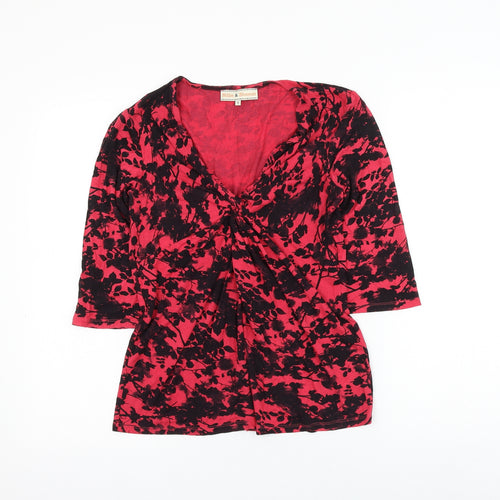 Billie & Blossum Womens Red Floral Viscose Basic Blouse Size 12 V-Neck - Knot Front