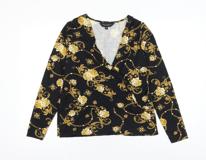 Dorothy Perkins Womens Black Floral Viscose Basic Blouse Size 12 V-Neck