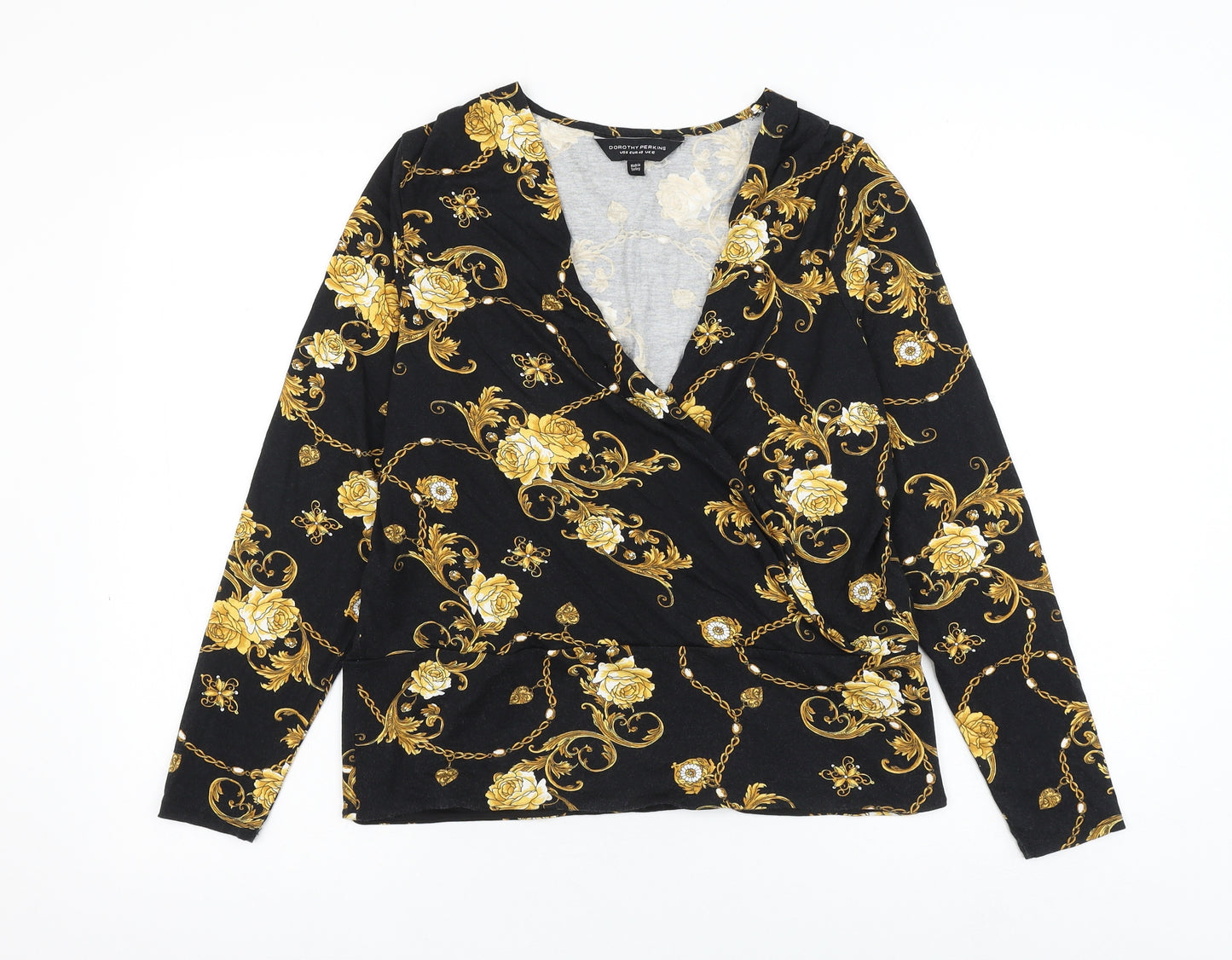 Dorothy Perkins Womens Black Floral Viscose Basic Blouse Size 12 V-Neck
