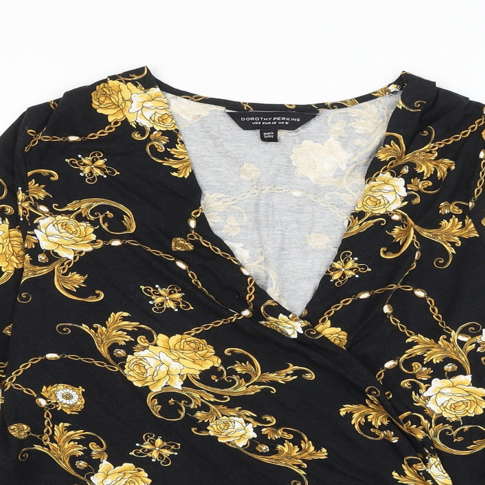 Dorothy Perkins Womens Black Floral Viscose Basic Blouse Size 12 V-Neck