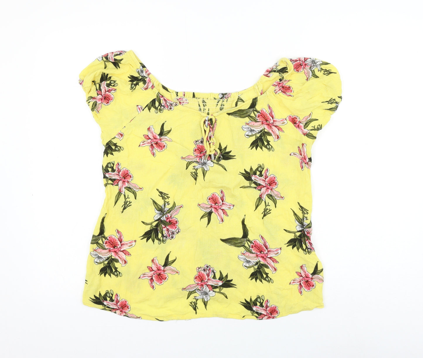 Dorothy Perkins Womens Yellow Floral Viscose Basic Blouse Size 12 Round Neck