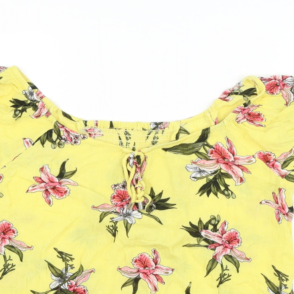 Dorothy Perkins Womens Yellow Floral Viscose Basic Blouse Size 12 Round Neck