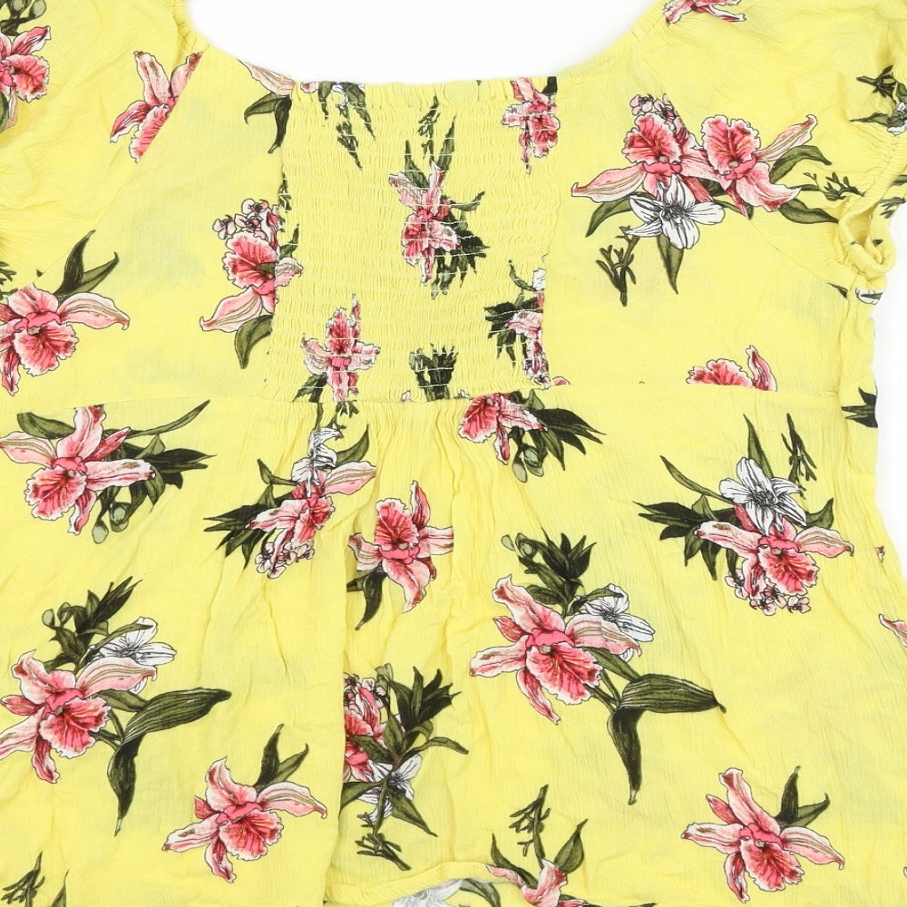 Dorothy Perkins Womens Yellow Floral Viscose Basic Blouse Size 12 Round Neck
