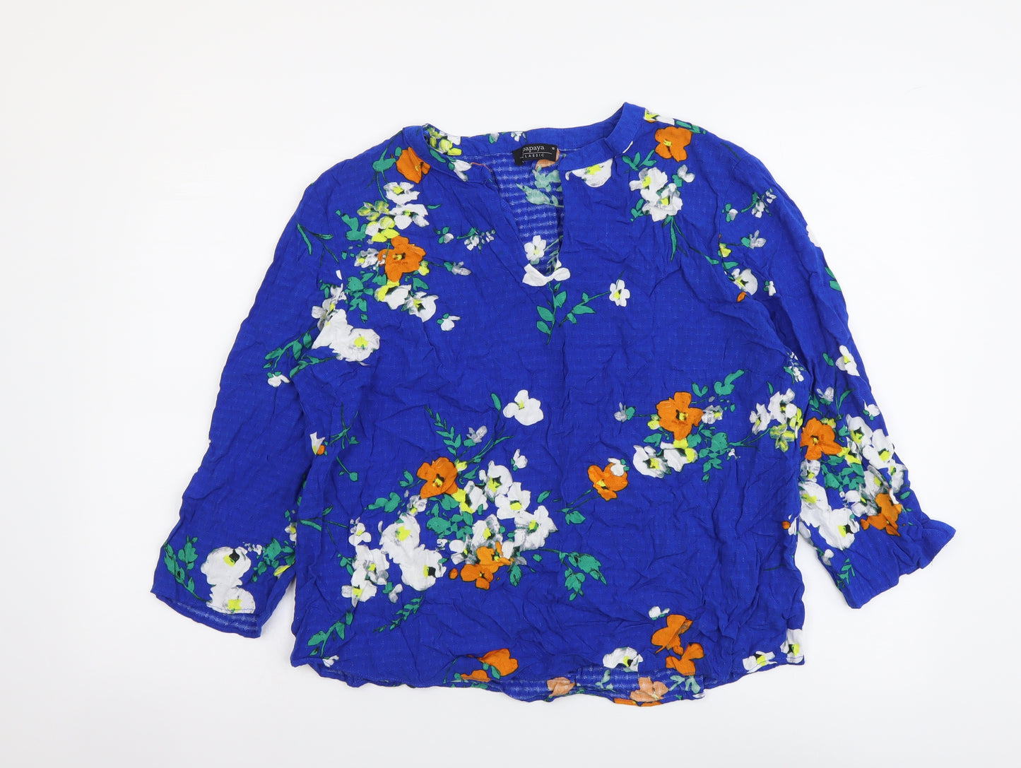 Papaya Womens Blue Floral Viscose Basic Blouse Size 16 V-Neck