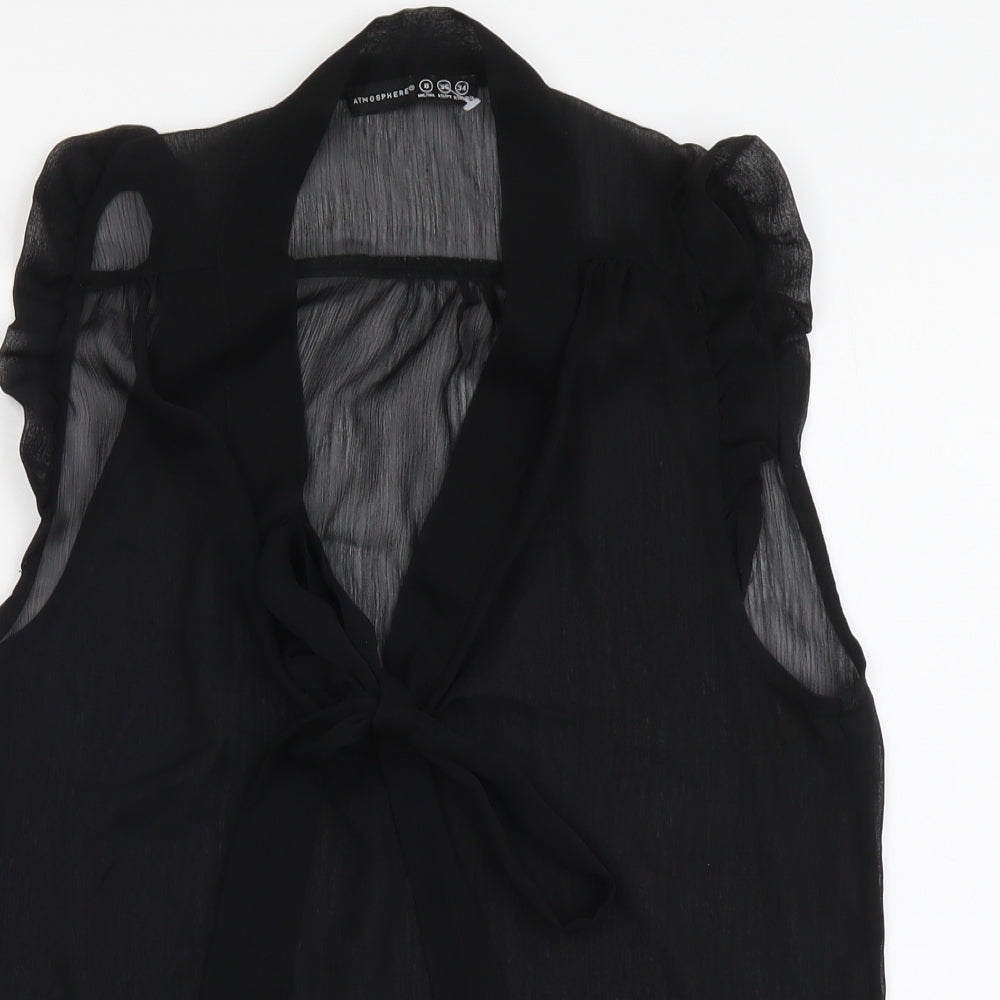 Atmosphere Womens Black Polyester Basic T-Shirt Size 8 V-Neck - Pussy Bow