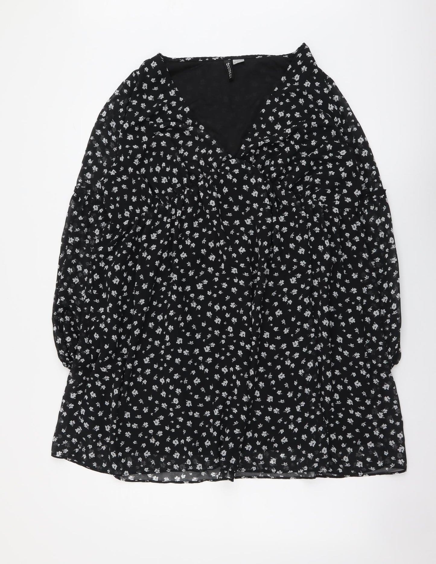 H&M Womens Black Floral Polyester A-Line Size L V-Neck Pullover