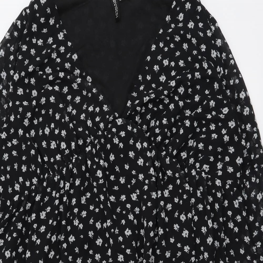 H&M Womens Black Floral Polyester A-Line Size L V-Neck Pullover