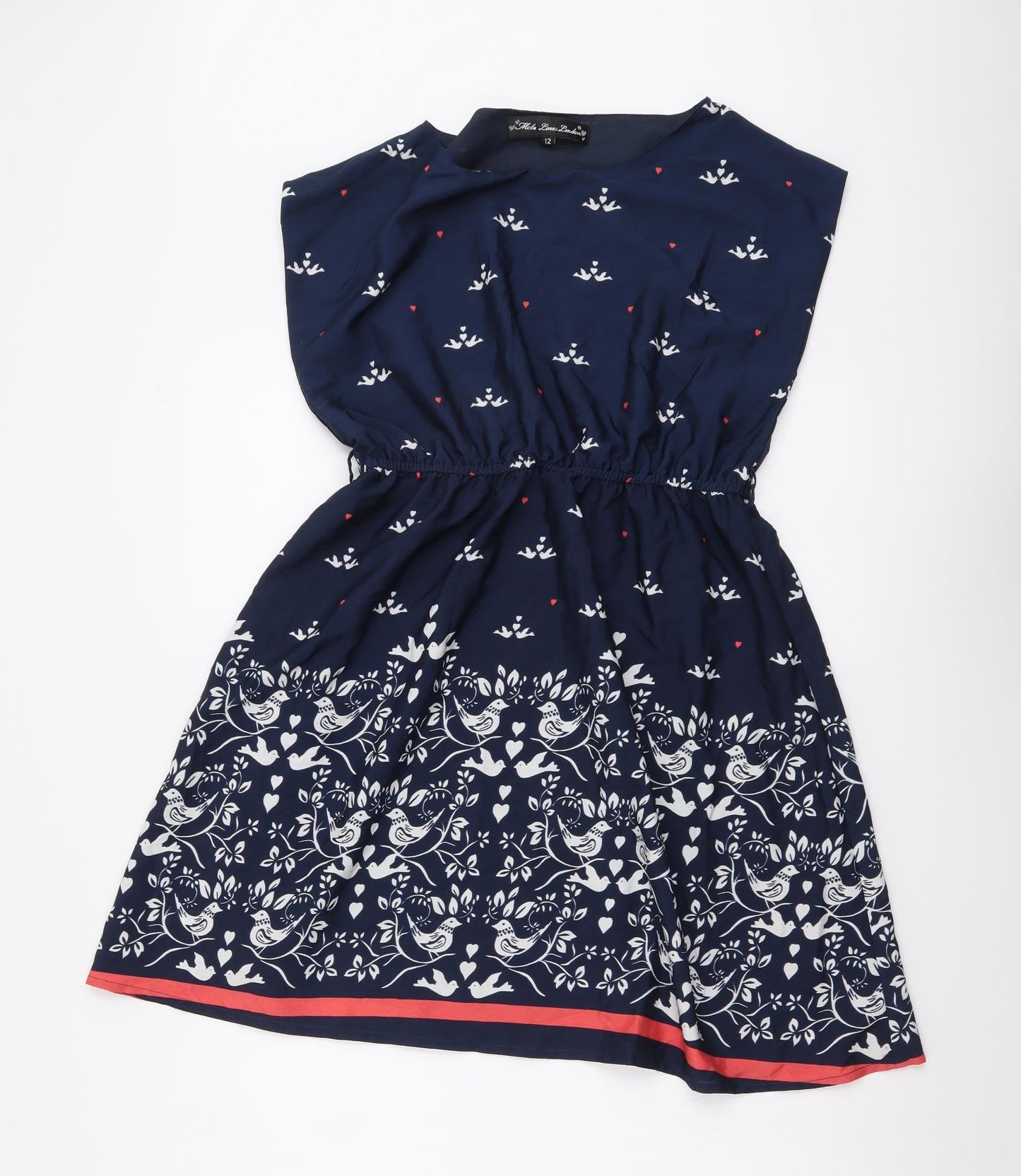 Mela London Womens Blue Geometric Polyester A-Line Size 12 Boat Neck Pullover - Bird Print