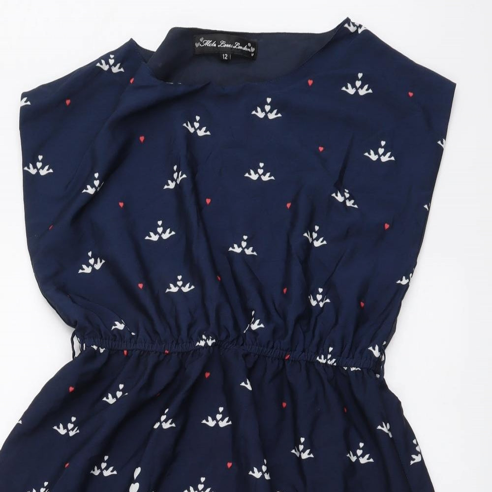 Mela London Womens Blue Geometric Polyester A-Line Size 12 Boat Neck Pullover - Bird Print