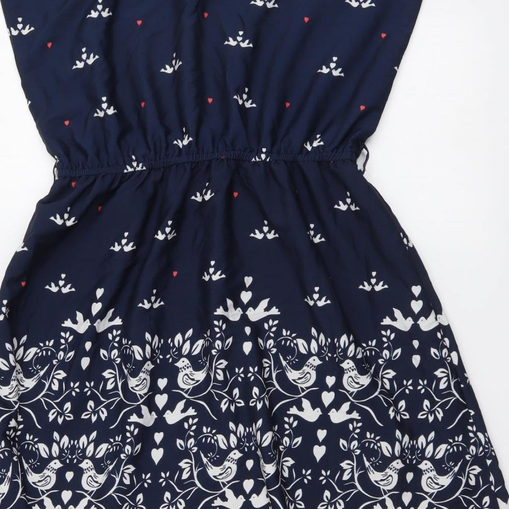 Mela London Womens Blue Geometric Polyester A-Line Size 12 Boat Neck Pullover - Bird Print