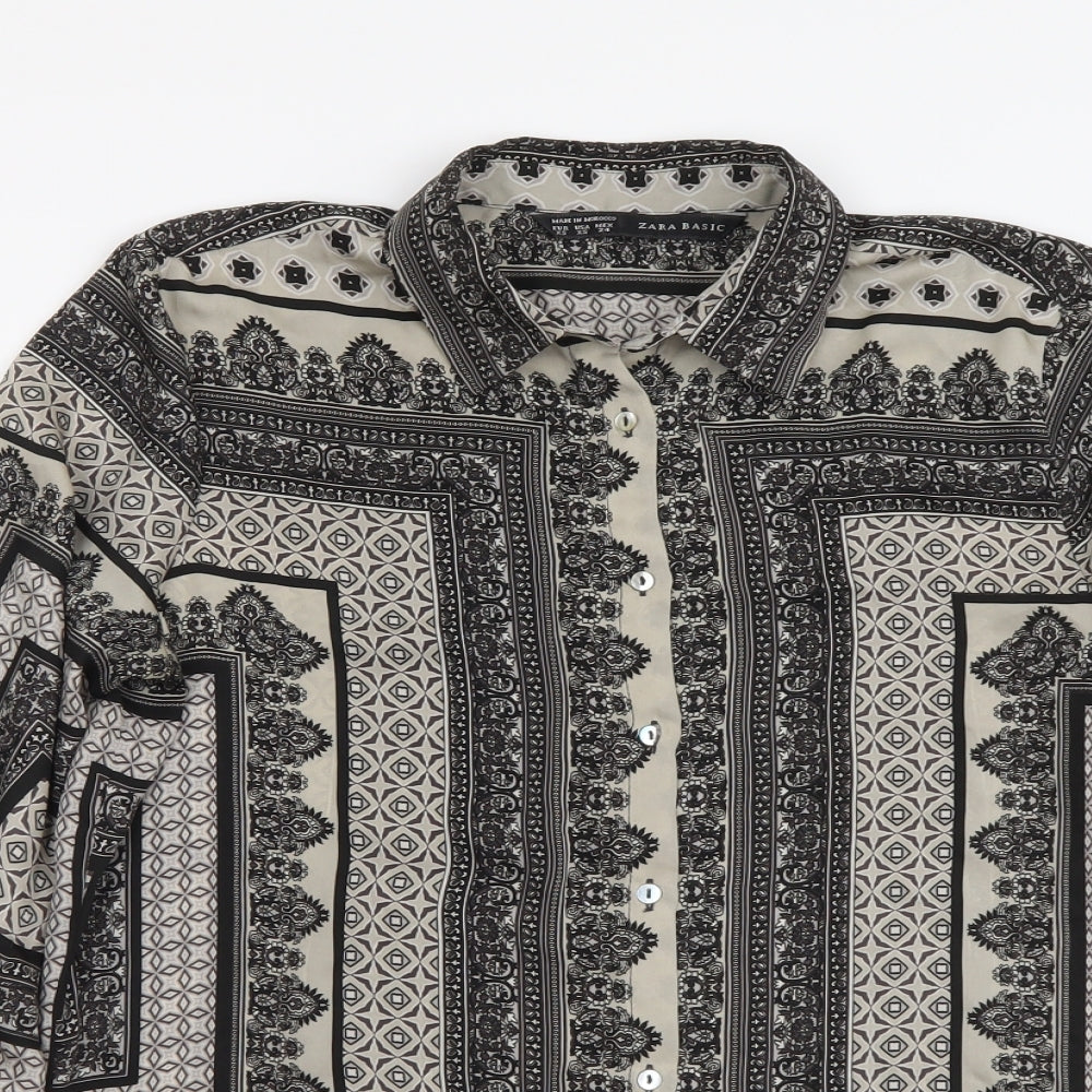 Zara Womens Black Geometric Polyester Basic Button-Up Size XS Collared