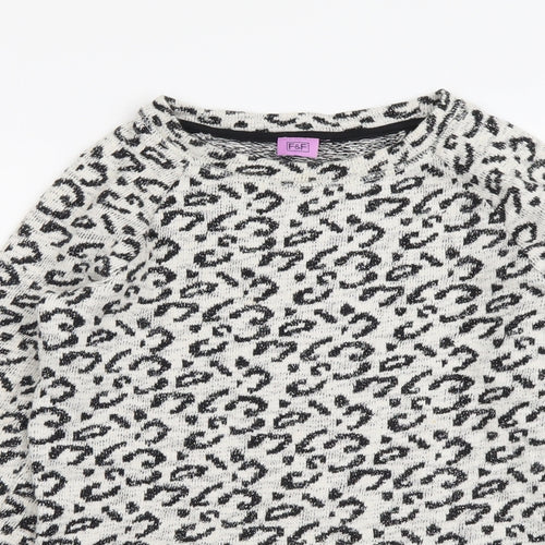 F&F Girls Beige Animal Print Cotton Basic Blouse Size 10-11 Years Round Neck Pullover - Leopard pattern