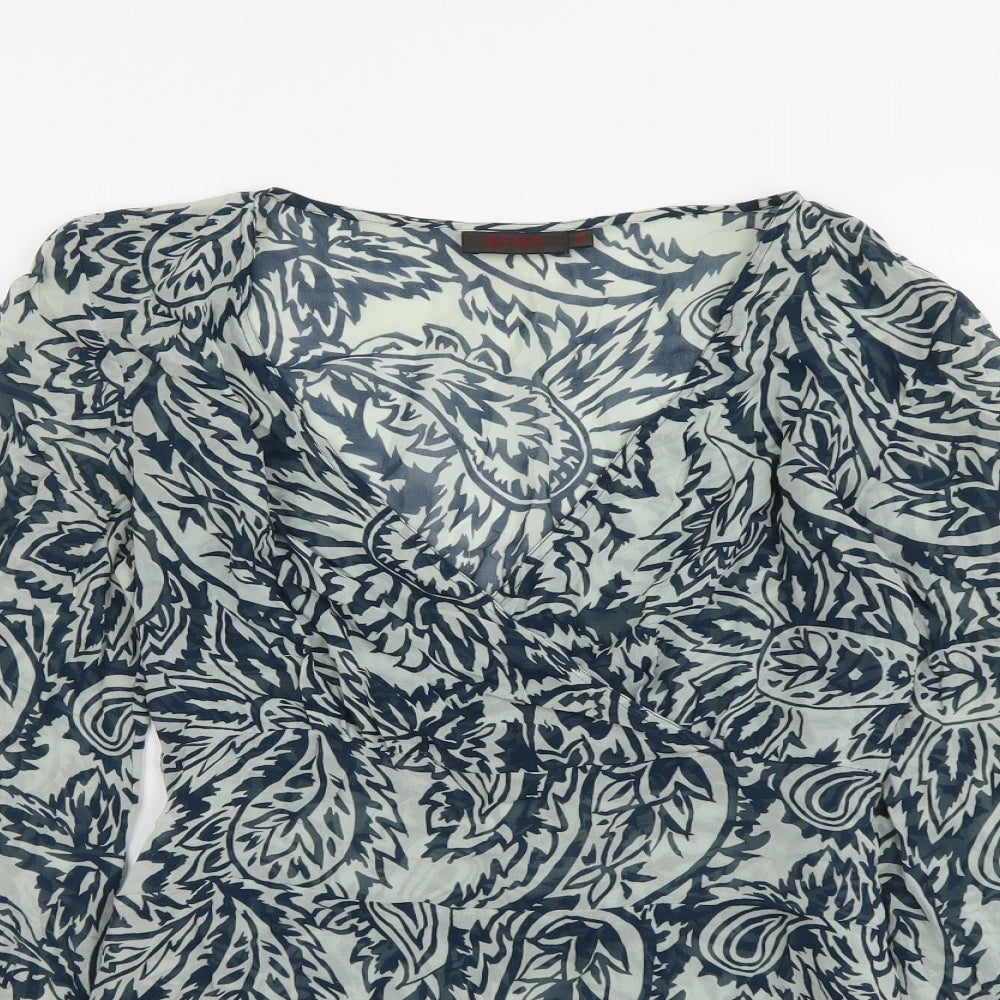 Reiss Womens Blue Geometric Polyester Basic Blouse Size M V-Neck