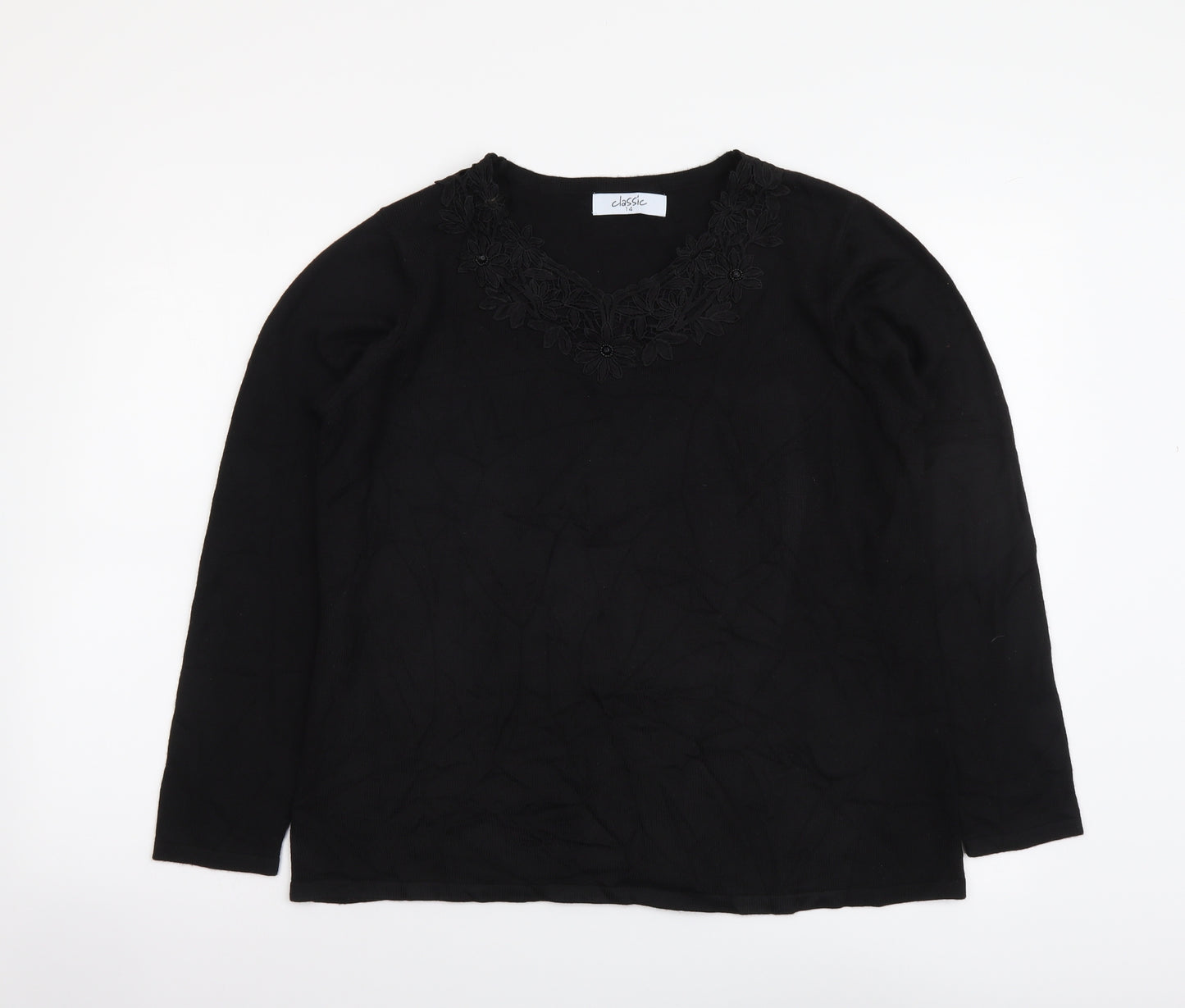 Classic Womens Black V-Neck Acrylic Pullover Jumper Size 14
