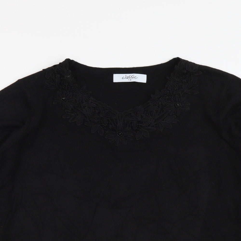 Classic Womens Black V-Neck Acrylic Pullover Jumper Size 14
