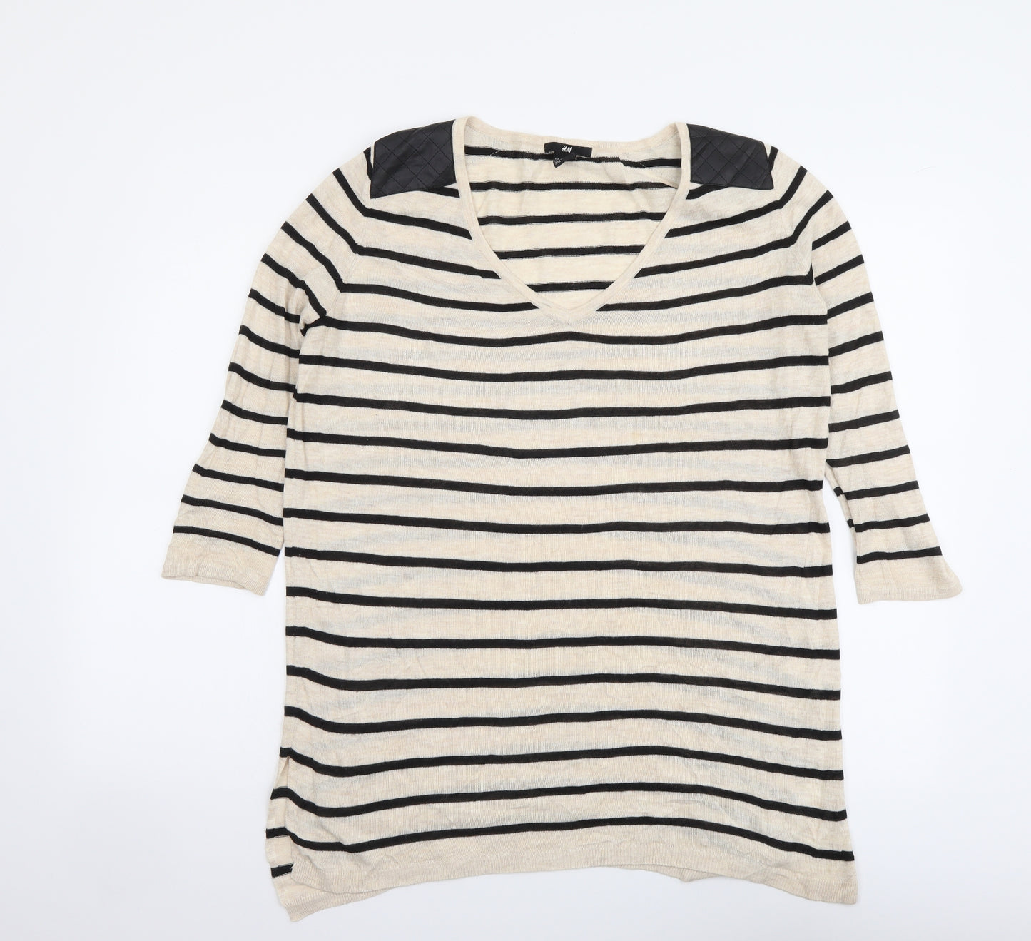 H&M Womens Beige V-Neck Striped Acrylic Pullover Jumper Size XS