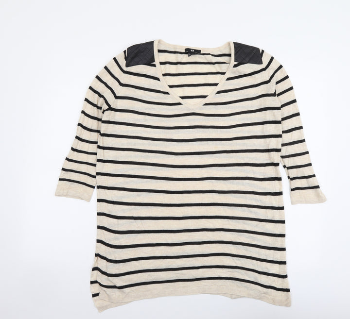 H&M Womens Beige V-Neck Striped Acrylic Pullover Jumper Size XS