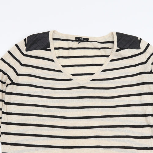 H&M Womens Beige V-Neck Striped Acrylic Pullover Jumper Size XS