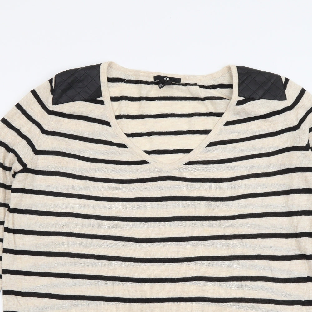 H&M Womens Beige V-Neck Striped Acrylic Pullover Jumper Size XS
