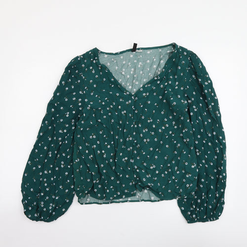 H&M Womens Green Floral Viscose Basic Button-Up Size S V-Neck