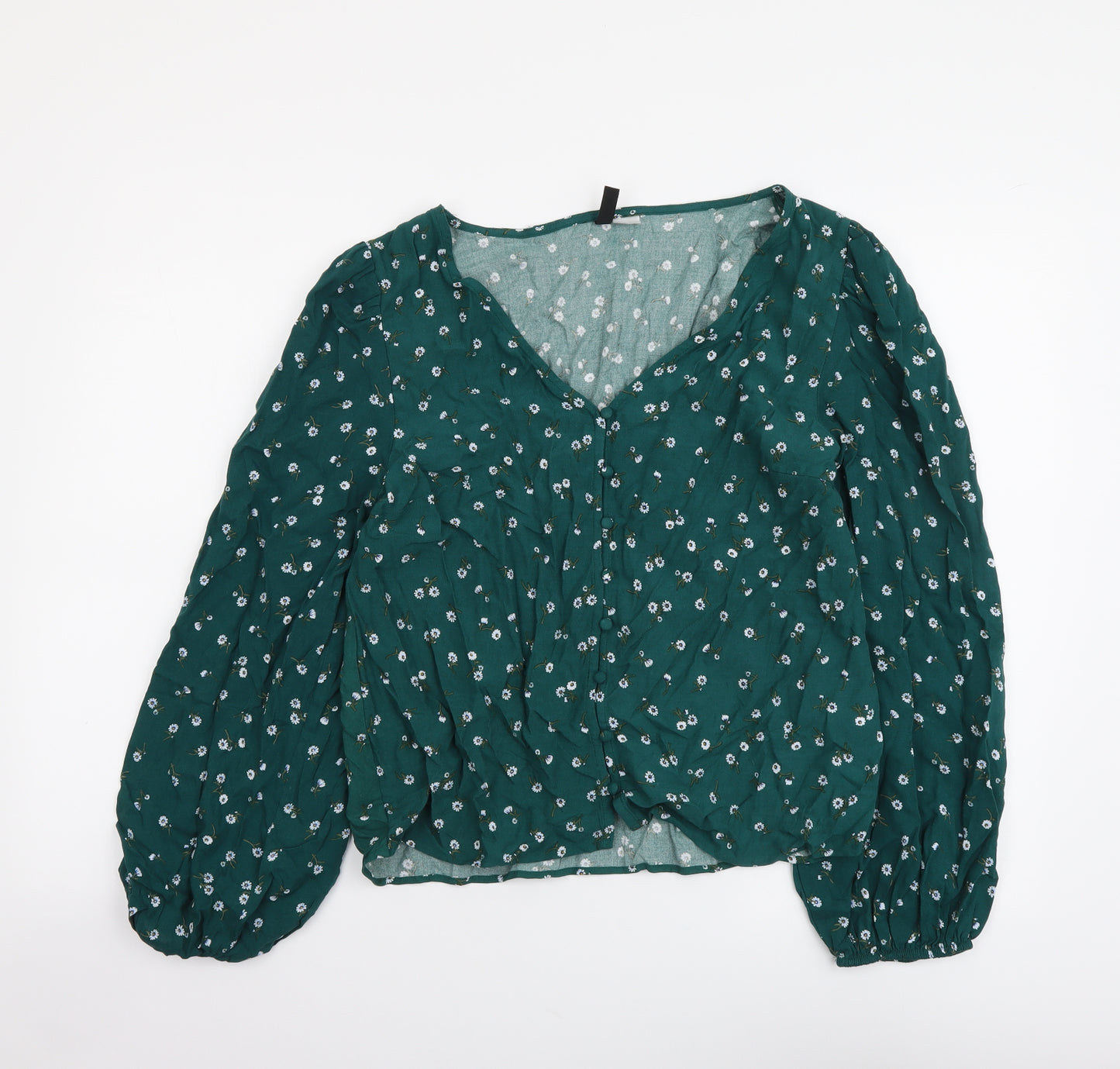 H&M Womens Green Floral Viscose Basic Button-Up Size S V-Neck