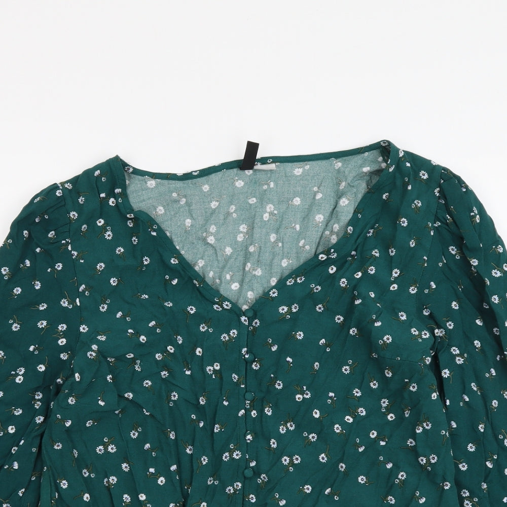 H&M Womens Green Floral Viscose Basic Button-Up Size S V-Neck