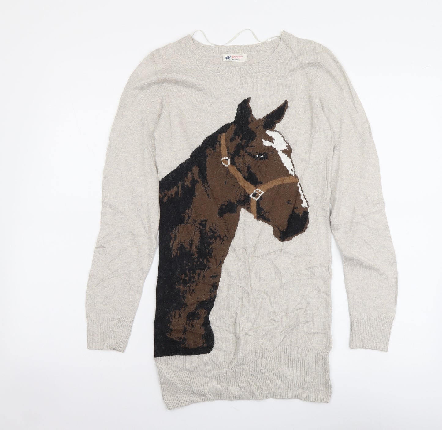 H&M Girls Beige Round Neck Viscose Tunic Jumper Size 10-11 Years Pullover - Horse print