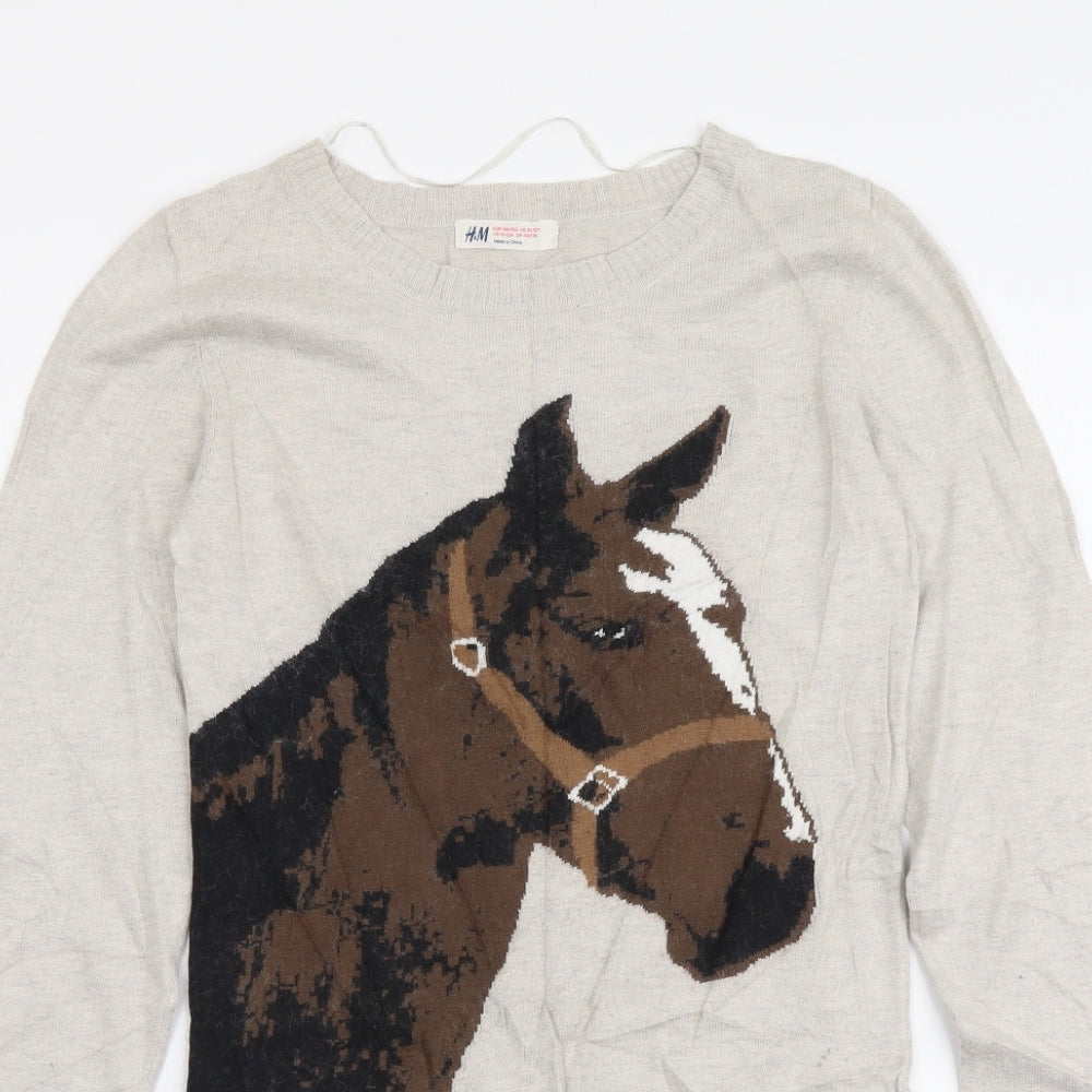 H&M Girls Beige Round Neck Viscose Tunic Jumper Size 10-11 Years Pullover - Horse print