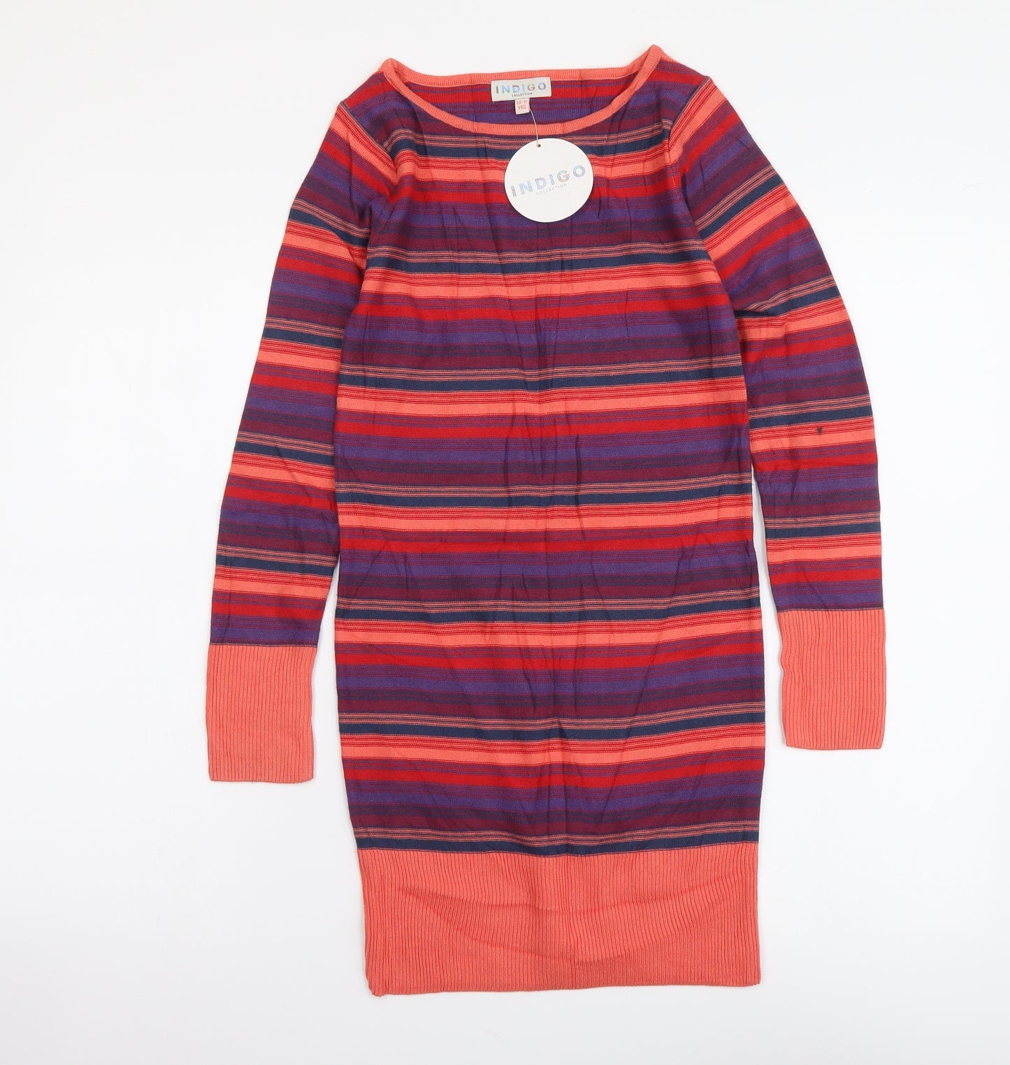 Indigo Girls Multicoloured Striped Cotton Jacket Dress Size 10-11 Years Round Neck Pullover