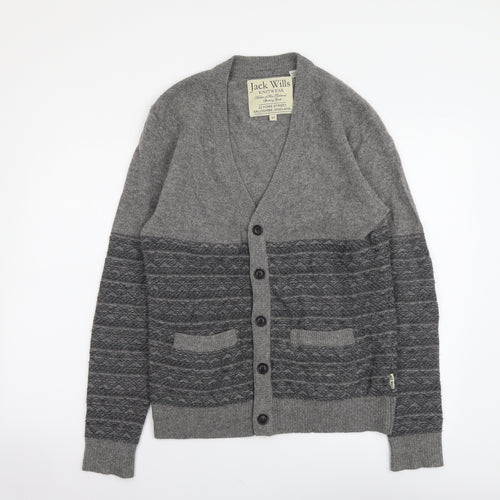 Jack Wills Mens Grey V-Neck Wool Cardigan Jumper Size XS