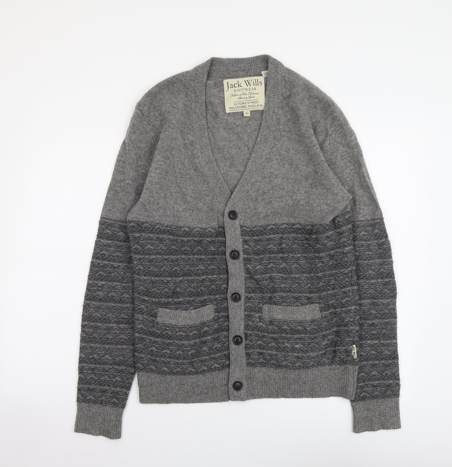 Jack Wills Mens Grey V-Neck Wool Cardigan Jumper Size XS