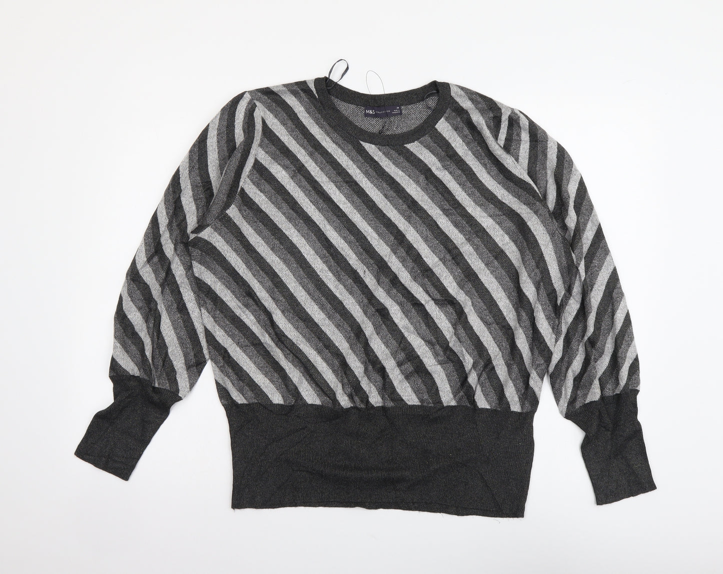 Marks and Spencer Womens Grey Round Neck Striped Viscose Henley Jumper Size 20